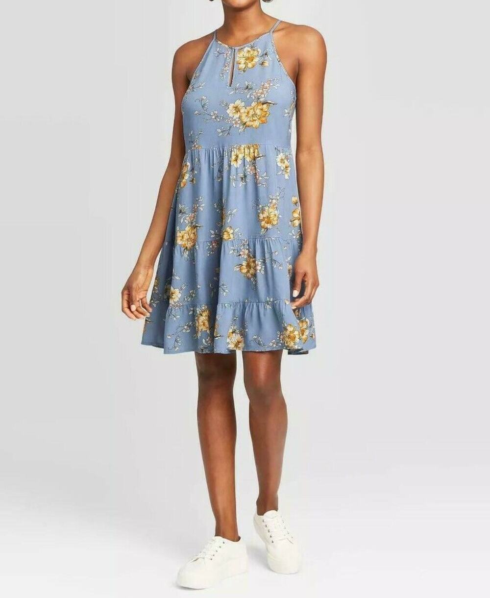 Xhiliration Powder Blue Floral High Neck Mini Dress